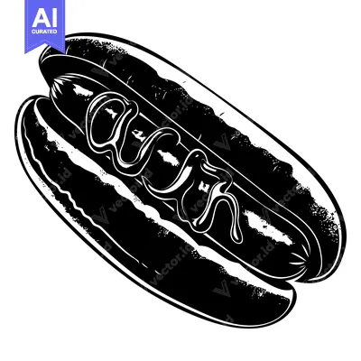 Black and White Illustration of a Hot Dog with Mustard