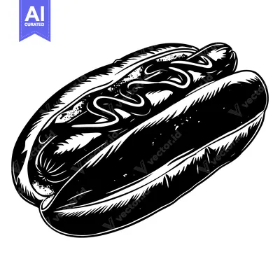 Black and White Illustration of a Hot Dog with Mustard