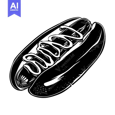 Black and White Illustration of a Hot Dog with Mustard