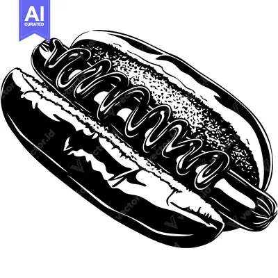 Black and White Illustration of a Hot Dog with Mustard