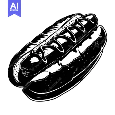 Black and White Illustration of a Hot Dog with Mustard