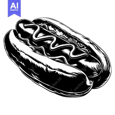 Black and White Illustration of a Hot Dog with Mustard