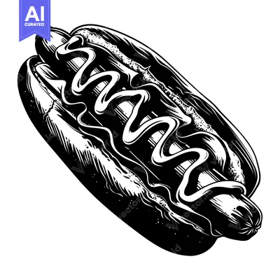A Black and White Illustration of a Hot Dog with Mustard