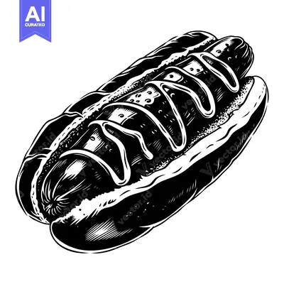 A Black and White Illustration of a Hot Dog with Mustard and Relish