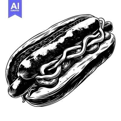 Black and white illustration of a hot dog with mustard and relish