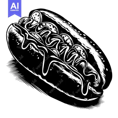 Black and White Illustration of a Hot Dog with Mustard and Relish