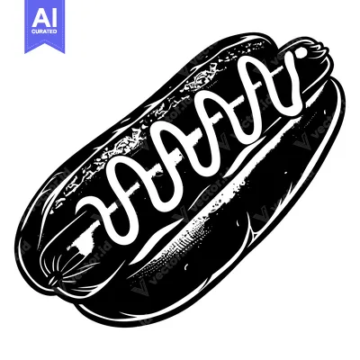 Black and White Illustration of a Hot Dog with Mustard