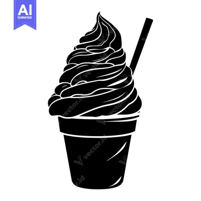 Aset desain premium: Black and White Silhouette of a Swirled Ice Cream Cup with Straw