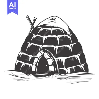 Aset desain premium: A Black and White Illustration of a Traditional Igloo with a Door