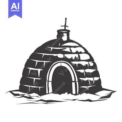 Aset desain premium: Black and White Illustration of an Igloo on a Snowy Landscape