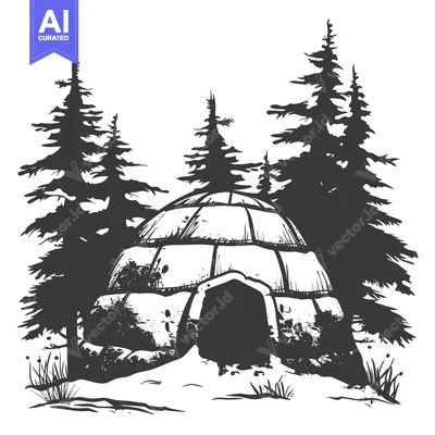 Aset desain premium: A Black and White Illustration of an Igloo in a Snowy Forest