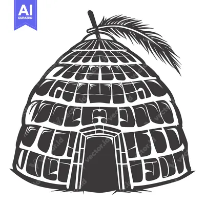 Aset desain premium: Black and White Illustration of a Traditional Hut with a Palm Leaf