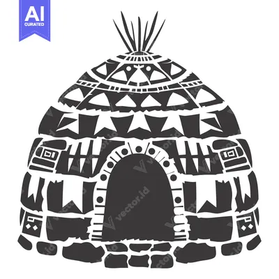 Aset desain premium: Black and White Stylized Illustration of a Traditional Inuit Igloo