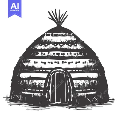 Hand-Drawn Illustration of a Traditional Round Hut with a Door