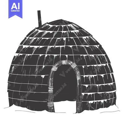 Aset desain premium: A Black and White Illustration of an Igloo with a Smoke Vent