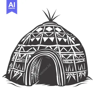 Premium design asset: Black and White Illustration of a Traditional Dome-Shaped Hut with Geo