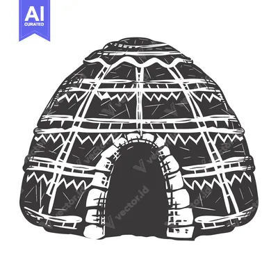 Aset desain premium: Black and white illustration of a traditional dome-shaped hut