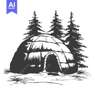 Aset desain premium: A Hand-Drawn Sketch of an Igloo in a Snowy Landscape with Fir Trees