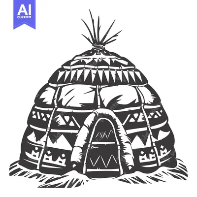 Black and white illustration of a traditional dome-shaped indigenous d