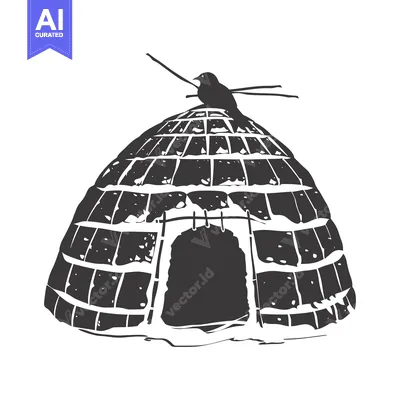 Aset desain premium: A Black and White Illustration of an Igloo with a Bird on Top
