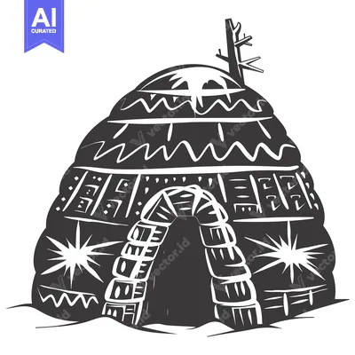Aset desain premium: Black and White Illustration of an Igloo with a Stick on Top