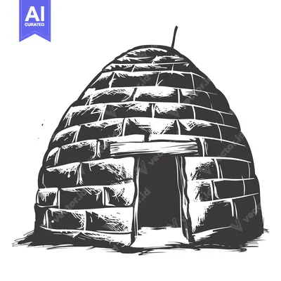 Aset desain premium: Hand-drawn sketch of a traditional igloo with a doorway and a wooden l