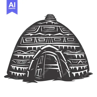 Aset premium populer: Stylized Black and White Illustration of a Tribal Hut with Geometric P