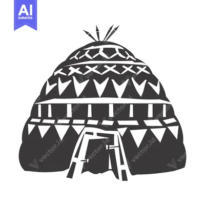 Aset desain premium: Black and White Illustration of a Traditional Dome-Shaped Tent with Ge