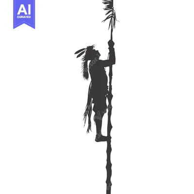 Aset desain premium: Silhouette of a Native American Man Climbing a Tall Pole