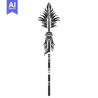 Aset desain premium: Black and White Illustration of a Ceremonial Spear with an Ornate Head