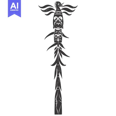 Aset desain premium: Black and White Illustration of a Totem Pole with a Bird at the Top