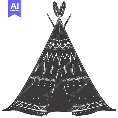Premium design asset: Black and White Hand-Drawn Illustration of a Teepee with Feathers