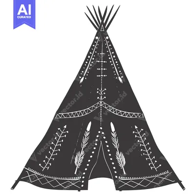 Aset desain premium: Black and White Hand Drawn Illustration of a Teepee with Traditional D