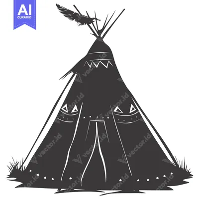 Aset premium populer: A silhouette of a Native American teepee with a feather on top