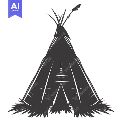 Aset desain premium: Black and White Silhouette of a Teepee with a Feather on Top