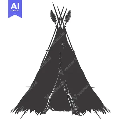 A Black and White Silhouette of a Native American Teepee with Feathers