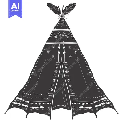 Aset desain premium: Black and White Illustration of a Decorated Teepee with Feathers