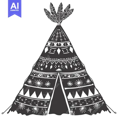 Aset desain premium: A Black and White Illustrated Teepee with Geometric Patterns