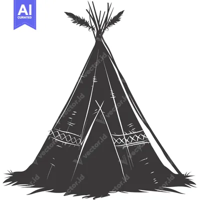 Premium design asset: Black and White Illustration of a Native American Teepee with Feathers