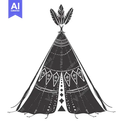 Aset premium populer: Black and White Illustration of a Teepee with Feathers and Geometric P