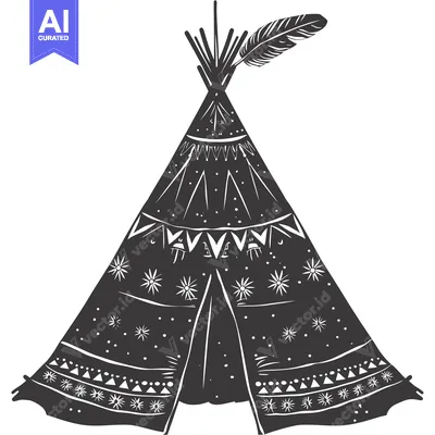 Aset desain premium: A Black and White Illustration of a Native American Teepee with a Feat