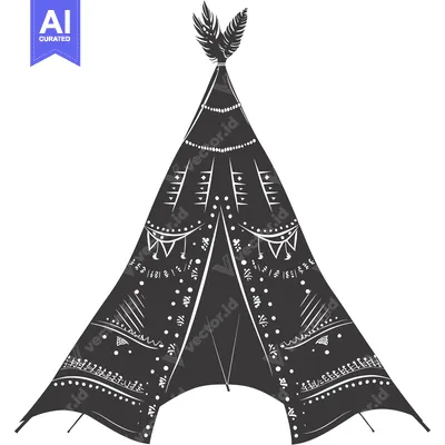 Aset desain premium: A Black and White Illustration of a Teepee with Tribal Pattern Details
