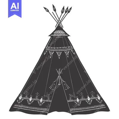 Aset desain premium: Black and white illustration of a teepee with ornate details