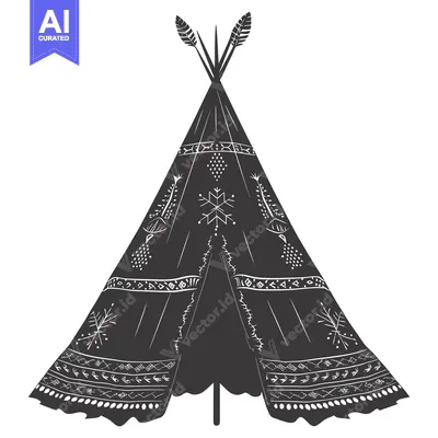 Aset desain premium: Black and White Illustration of a Decorated Teepee