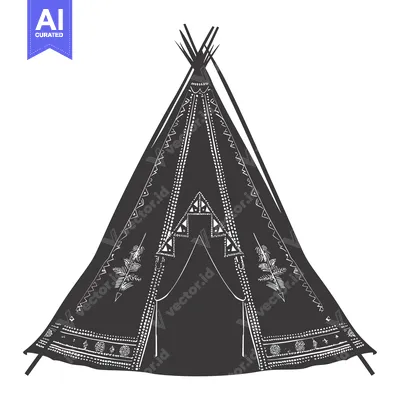 Aset desain premium: Black and White Illustration of a Native American Teepee with Geometri