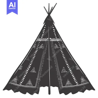 Black and White Illustration of a Traditional Teepee with Geometric De