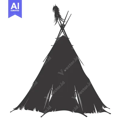 A black and white silhouette of a traditional teepee with a feather on