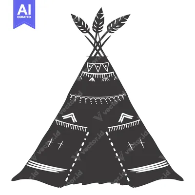Aset premium populer: Black and White Silhouette of a Teepee with Feathers and Geometric Des