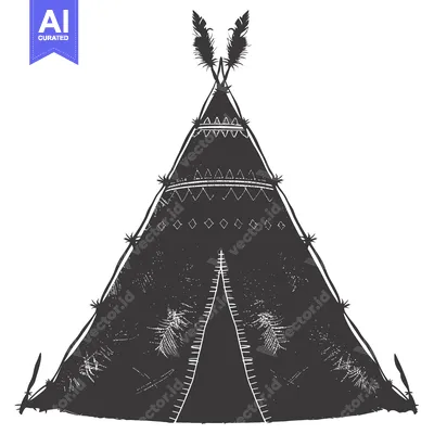 Aset premium populer: Black and White Illustration of a Native American Teepee with Feathers