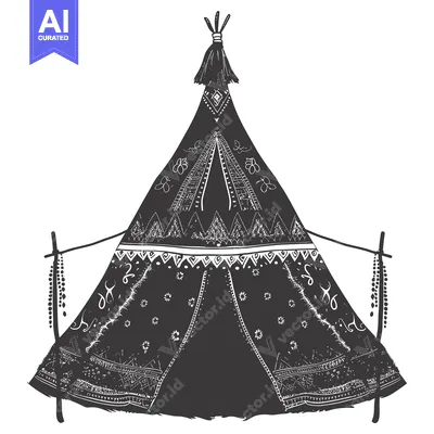Aset desain premium: A Black and White Illustration of a Teepee with Geometric Patterns